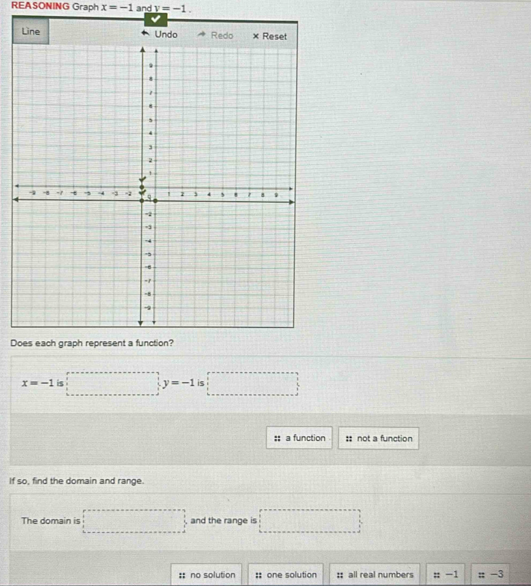 REASONING Graph x=-1 and v=-1. 
Line
4
Does each graph represent a function?
x=-1 is □ , y=-1 is □ 
a function not a function
If so, find the domain and range.
The domain is □ and the range is □
:: no solution :: one solution. all real numbers □; -1 □ :-3