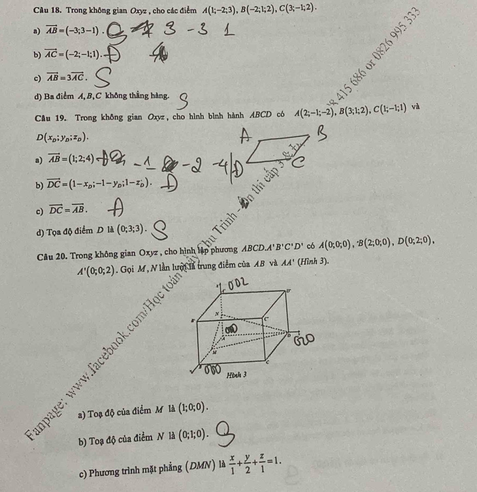 Trong không gian Oxyz , cho các điểm A(1;-2;3), B(-2;1;2), C(3;-1;2). 
a) vector AB=(-3;3-1). 
b) vector AC=(-2;-1;1). 
c) vector AB=3vector AC. S 
d) Ba điểm A, B, C không thẳng hàng. 
Cầu 19. Trong không gian Oxyz, cho hình bình hành ABCD có A(2;-1;-2), B(3;1;2), C(1;-1;1) và
D(x_D;y_D;z_D). 
a) vector AB=(1;2;4)
Apr 
b) vector DC=(1-x_D;-1-y_D;1-z_D). 
= 
c) vector DC=vector AB. 
Trinh 
d) Tọa độ điểm D là (0;3;3). 
Câu 20. Trong không gian Oxyz , cho hình lập phương ABCD A'B'C'D' có A(0;0;0), B(2;0;0), D(0;2;0),
A'(0;0;2). Gọi M, N lần lượi là trung điểm của AB và AA' (Hình 3). 

a) Toạ độ của điểm M là (1;0;0). 
b) Toạ độ của điểm N là (0;1;0). 
c) Phương trình mặt phẳng (DMN) là  x/1 + y/2 + z/1 =1.