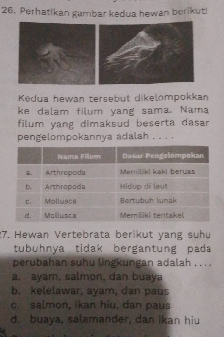 Perhatikan gambar kedua hewan berikut!
Kedua hewan tersebut dikelompokkan
ke dalam filum yang sama. Nama
filum yang dimaksud beserta dasar
pengelompokannya adalah . . . .
27. Hewan Vertebrata berikut yang suhu
tubuhnya tidak bergantung pada
perubahan suhu lingkungan adalah . . . .
a. ayam, salmon, dan buaya
b. kelelawar, ayam, dan paus
c. salmon, ikan hiu, dan paus
d. buaya, salamander, dan ikan hiu