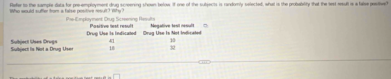 Refer to the sample data for pre-employment drug screening shown below. If one of the subjects is randomly selected, what is the probability that the test result is a false positive? 
Who would suffer from a false positive result? Why? 
Pre-Employment Drug Screening Results 
Positive test result Negative test result 
Drug Use Is Indicated Drug Use Is Not Indicated 
Subject Uses Drugs 41 10
Subject Is Not a Drug User 18 32
□