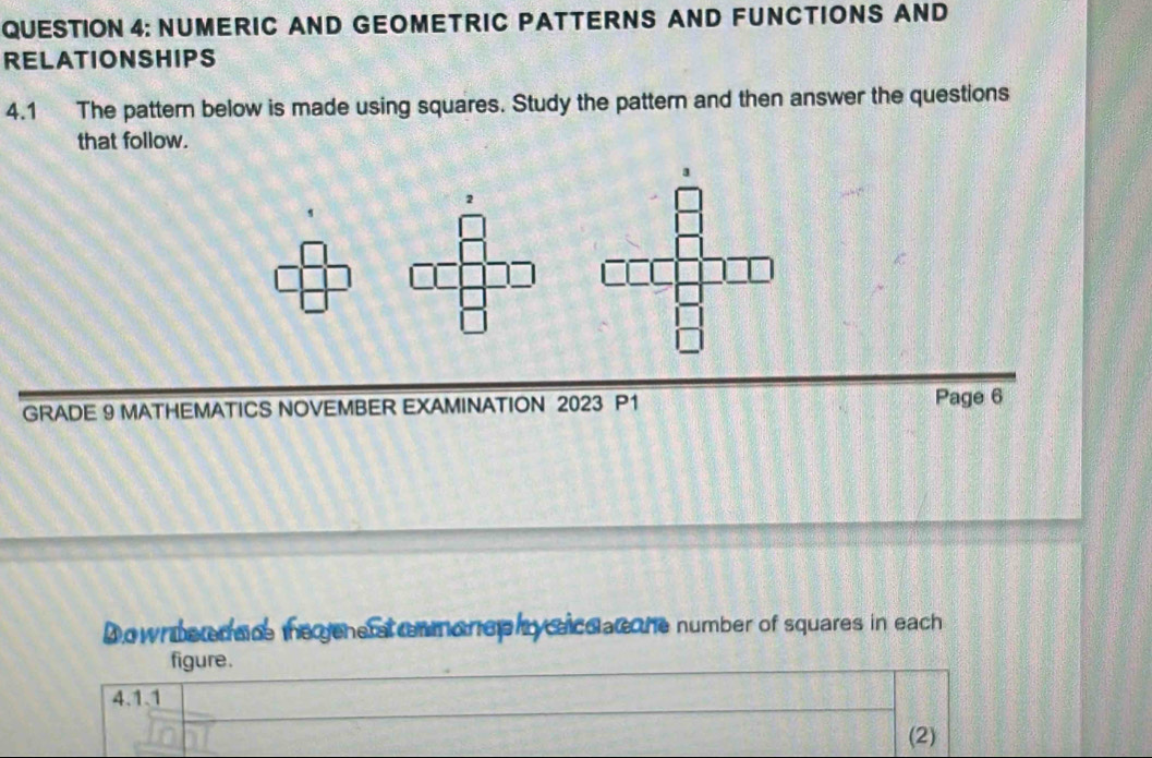 NUMERIC AND GEOMETRIC PATTERNS AND FUNCTIONS AND 
RELATIONSHIPS 
4.1 The pattern below is made using squares. Study the pattern and then answer the questions 
that follow. 
2 
GRADE 9 MATHEMATICS NOVEMBER EXAMINATION 2023 P1 Page 6 
Downderdace ie generat un monep hy icd a he number of squares in each 
figure. 
4.1.1 
(2)