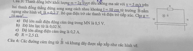 Cầu 3: Thanh đồng MN khổi lượng _ m=2g : trượt đều không ma sát với _ v=5m/str ên
hai thanh đồng thẳng đứng song song cách nhau khoảng _ 1=50cm từ trường B nằm
ngang như hình vẽ B=0,2T T. Bỏ qua điện trở các thanh và điện trở tiếp xúc. Cho g=
_ 10m/s^2
a) Độ lớn suất điện động cảm ứng trong MN là 0,5 V.
b) Độ lớn lực từ là 0,02 N.
c) Độ lớn dòng điện cảm ứng là 0,2 A.
d) R=2,5Omega. 
Câu 4: Các đường cảm ứng từ beginarrayr 1 Bendarray và khung dây được sắp xếp như các hình vẽ.