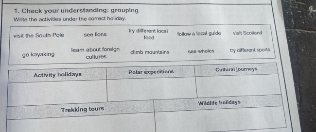 Check your understanding: grouping
Write the activities under the correct holiday.
visit the South Pole see lions try different local food follow a local guide visit Scotland
go kayaking learn about foreign
cultures climb mountains see whales try different sports