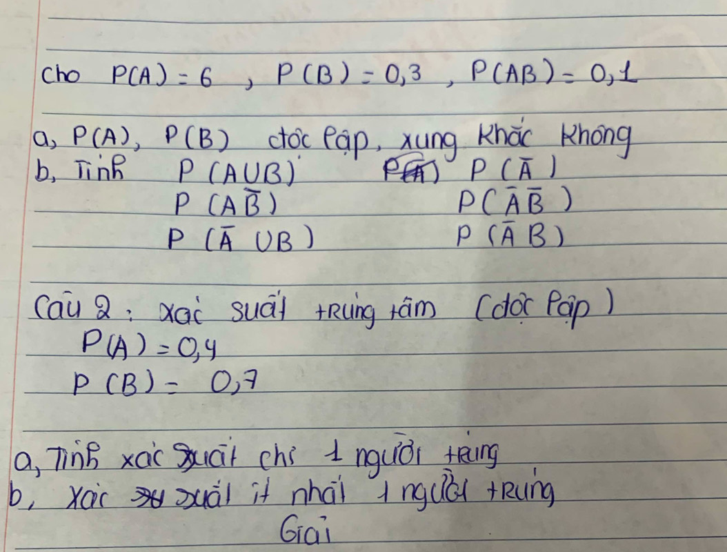 cho P(A)=6, P(B)=0,3, P(AB)=0,1
a, P(A), P(B) ctoc cap, xung knáo Knong 
b, Tink P(A∪ B) P(overline A)
P(Aoverline B)
P(overline Aoverline B)
P(overline A∪ B)
P(overline AB)
cau Q:xai suái rRung rām (do Pàp)
P(A)=0,4
P(B)=0,7
a, Tiis xai uái chí i nguòi teng 
b, xoic sxuài it nhāi 1ngulú) +Rung 
Giai