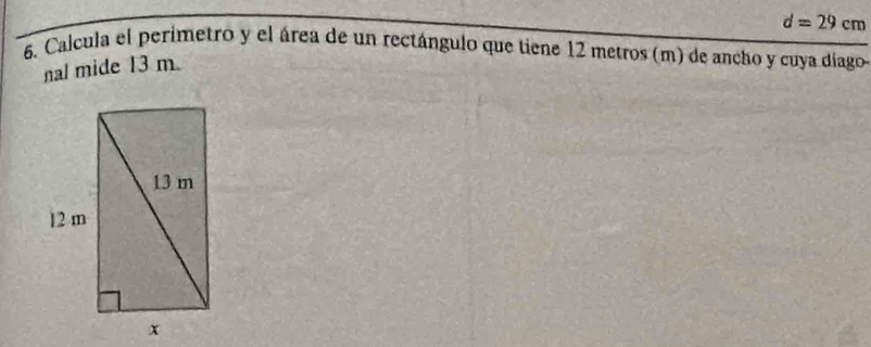 d=29cm
6. Calcula el perimetro y el área de un rectángulo que tiene 12 metros (m) de ancho y cuya díago 
nal mide 13 m