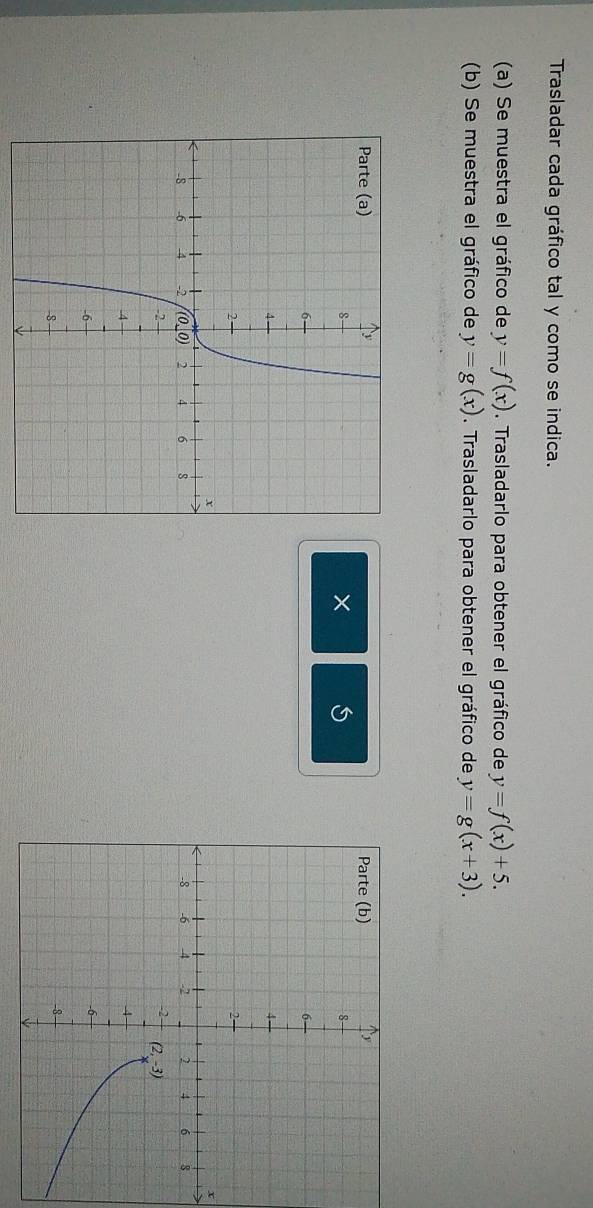 Trasladar cada gráfico tal y como se indica.
(a) Se muestra el gráfico de y=f(x). Trasladarlo para obtener el gráfico de y=f(x)+5.
(b) Se muestra el gráfico de y=g(x). Trasladarlo para obtener el gráfico de y=g(x+3).
×
x