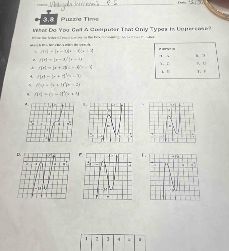 Date_ 
Năme 
3.8 Puzzle Time 
What Do You Call A Computer That Only Types In Uppercase? 
Write the letter of each answer in the box containing the exercise number. 
Match the function with its graph. 
1. f(x)=(x-2)(x-3)(x+3)
Answers 
H. A S、 B
2. f(x)=(x-3)^2(x-2)
Y、 C F、 D
3. f(x)=(x+2)(x+3)(x-3)
l、 E T. F
4、 f(x)=(x+2)^2(x-3)
5. f(x)=(x+3)^2(x-2)
6. f(x)=(x-2)^2(x+3)
C

F