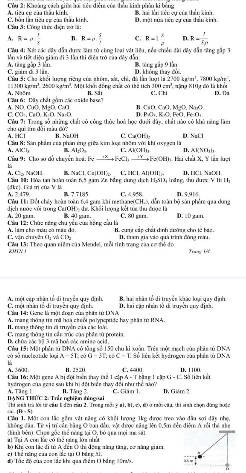 Khoảng cách giữa hai tiêu điểm của thầu kính phân kì bằng
A. tiêu cự của thấu kính. B. hai lần tiêu cự của thầu kính.
C. bốn lần tiêu cự của thấu kính. D. một nửa tiêu cự của thấu kính.
Câu 3: Công thức điện trở là:
A. R=rho ·  l/S  B. R=rho ·  S/l  C. R=1. S/rho   D. R= I/Srho  
Câu 4: Xét các dây dẫn được làm từ cùng loại vật liệu, nếu chiều dài dây dẫn tăng gấp 3
lần và tiết diện giảm đi 3 lần thì điện trở của dây dẫn:
A. tăng gấp 3 lần. B. tăng gấp 9 lần.
C. giảm đi 3 lần. D. không thay đổi.
Câu 5: Cho khối lượng riêng của nhôm, sắt, chì, đá lần lượt là 2700kg/m^3,7800kg/m^3,
11300kg/m^3,2600kg/m^3. Một khối đồng chất có thể tích 300cm^3 , nặng 810g đó là khối
A. Nhôm B. Sắt C. Chì D. Đá
Câu 6: Dãy chất gồm các oxide base?
A. NO,CuO,MgO,CaO. B. CuO,CaO,MgO,Na_2O.
C. CO_2,CaO,K_2O,Na_2O. D. P_2O_5,K_2O,FeO,Fe_2O_3.
Câu 7: Trong số những chất có công thức hoá học dưới đây, chất nào có khả năng làm
cho quì tím đồi màu đỏ?
A. HCl B. NaOH C. Ca(OH)_2 D. NaCl
Câu 8: Sản phẩm của phản ứng giữa kim loại nhôm với khí oxygen là
A. AlCl_3. B. Al_2O_3. C. Al(OH)_3 D. AI(NO_3)_3.
Câu 9: Cho sơ đồ chuyền hoá: Fe +X FeCl_3to Fe(OH) 3. Hai chất X, Y lần lượt
là
A. Cl_2, NaC H B. sqrt(a)C Cl, Cu( OH C. HCl, Al(OH)₃. D. HCl. NaOH.
Câu 10: Hòa tan hoàn toàn 6,5 gam Zn bằng dung dịch H_2SO. 4 loãng, thu được V lít H_2
(dkc). Giá tri của V là
A. 2,479, B. 7,7185. C. 4.958. D. 9,916.
Câu 11: Đốt cháy hoàn toàn 6,4 gam khí methane( CH_4) 0, dẫn toàn bộ sản phẩm qua dung
dịch nước vôi trong Ca(OH) 2 dư. Khổi lượng kết tủa thu được là
A. 20 gam. B. 40 gam. C. 80 gam. D. 10 gam.
Câu 12: Chức năng chủ yếu của hồng cầu là
A. làm cho máu có màu đỏ. B. cung cấp chất dinh dưỡng cho tế bào.
C. vận chuyển O_2 và CO_2 D. tham gia vào quá trình đông máu.
Câu 13: Theo quan niệm của Mendel, mỗi tính trạng của cơ thể do
KHTN l Trang 1/4
A. một cặp nhân tố di truyền quy định. B. hai nhân tố di truyền khác loại quy định.
C. một nhân tổ di truyền quy định. D. hai cặp nhân tố di truyền quy định.
Câu 14: Gene là một đoạn của phân tử DNA
A. mang thông tin mã hoá chuỗi polypeptide hay phân tử RNA.
B. mang thông tin di truyền của các loài.
C. mang thông tin cấu trúc của phân tử protein.
D. chứa các bộ 3 mã hoá các amino acid.
Câu 15:Mot t phân tử DNA có tổng số 150 chu kì xoắn. Trên một mạch của phân tử DNA
có số nucleotide loại A=5T; có G=3T; có C=T C Số liên kết hydrogen của phân tử DNA
là
A. 3600. B. 2520. C. 4400. D. 1100.
Câu 16: Một gene A bị đột biển thay thể 1 cặp A - T bằng 1 cặp G-C. Số liên kết
hydrogen của gene sau khi bị đột biển thay đổi như thế nào?
A. Tăng 1. B. Tăng 2. C. Giam 1. D. Giảm 2.
DẠNG THỨC 2: Trắc nghiệm đúng/sai
Thí sinh trả lời từ câu 1 đến câu 2. Trong mỗi ý a),b),c),d) ở mỗi câu, thí sinh chọn đúng hoặc
sai. (D-S)
Câu 1. Một con lắc gồm vật nặng có khối lượng 1kg được treo vào đầu sợi dây nhẹ,
không dãn. Từ vị trí cân bằng O ban đầu, vật được nâng lên 0,5m đến điểm A rồi thả nhẹ
(hình bên). Chọn gốc thế năng tại O, bỏ qua mọi ma sát.
a) Tại A con lắc có thể năng lớn nhất
b) Khi con lắc đi từ A đến O thì động năng tăng, cơ năng giảm.
c) Thể năng của con lắc tại O bằng 5J.
d) Tốc độ của con lắc khi qua điểm O bằng 10m/s.