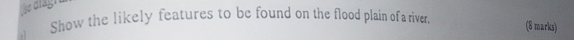 Show the likely features to be found on the flood plain of a river, 
(8 marks)