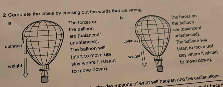 Complete the labels by crossing out the words that are wrong. 
b 
he forces on 
The forces on 
the balloonthe balloon 
are (balanced/ 
are (balanced/unbalanced). 
unbalanced). 
The balloon willThe balloon will 
(start to move up/(start to move up/ 
stay where it is/startstay where it is/start 

to move down).to move down). 
descriptions of what will happen and the explanations. 
w ard force is