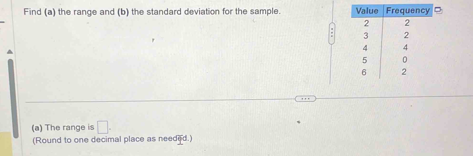 Find (a) the range and (b) the standard deviation for the sample. 
(a) The range is □. 
(Round to one decimal place as needed.)