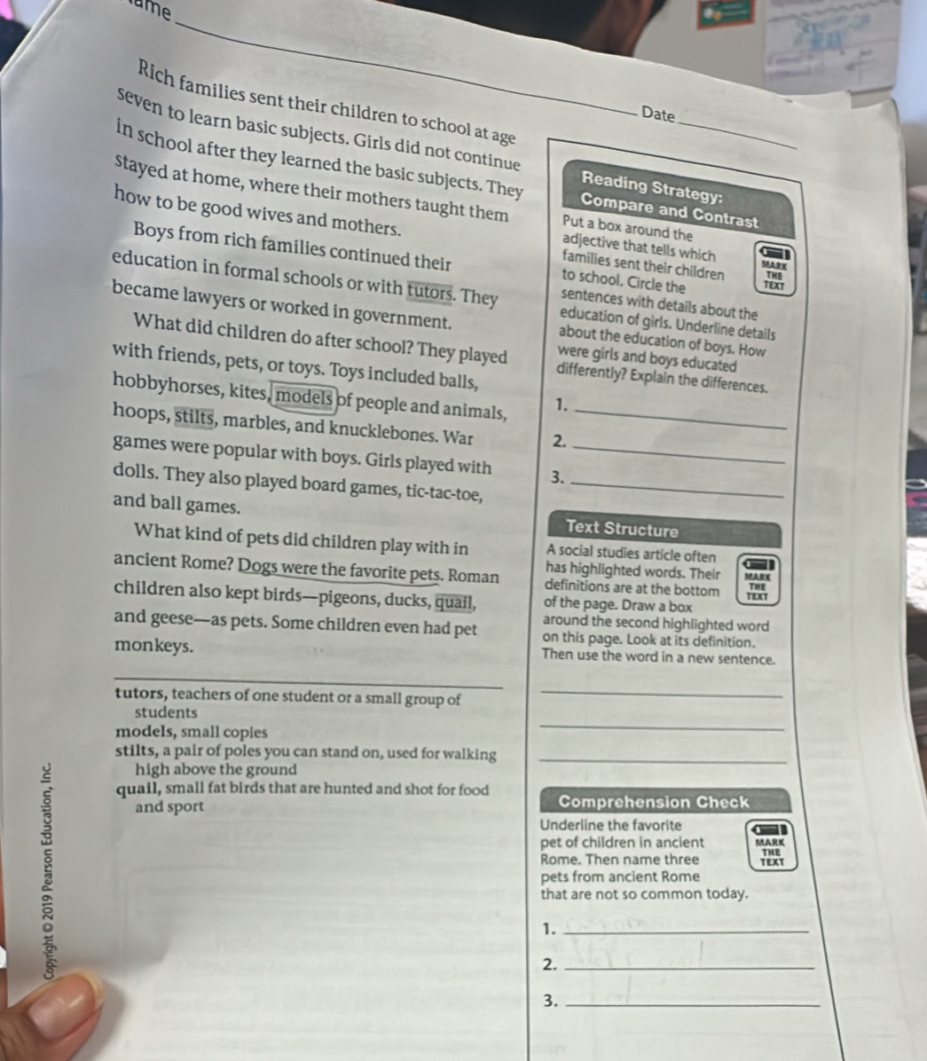 tame 
_ 
Rich families sent their children to school at age 
Date 
seven to learn basic subjects. Girls did not continue Reading Strategy: 
in school after they learned the basic subjects. They Compare and Contrast 
stayed at home, where their mothers taught them Put a box around the 
how to be good wives and mothers. families sent their children MARK 
adjective that tells which 
Boys from rich families continued their to school. Circle the 1o 
education in formal schools or with tutors. They education of girls. Underline details 
sentences with details about the 
became lawyers or worked in government. about the education of boys. How 
What did children do after school? They played differently? Explain the differences. 
were girls and boys educated 
with friends, pets, or toys. Toys included balls, 
hobbyhorses, kites, models of people and animals, 1. 
hoops, stilts, marbles, and knucklebones. War 2._ 
games were popular with boys. Girls played with 3._ 
dolls. They also played board games, tic-tac-toe,_ 
and ball games. Text Structure 
What kind of pets did children play with in A social studies article often 
ancient Rome? Dogs were the favorite pets. Roman has highlighted words. Their MARK 
definitions are at the bottom The 
children also kept birds—pigeons, ducks, quail, of the page. Draw a box TEXT 
around the second highlighted word 
and geese—as pets. Some children even had pet on this page. Look at its definition. 
monkeys. Then use the word in a new sentence. 
_ 
tutors, teachers of one student or a small group of 
_ 
students 
models, small copies 
_ 
stilts, a pair of poles you can stand on, used for walking_ 
high above the ground 
quail, small fat birds that are hunted and shot for food Comprehension Check 
and sport 
Underline the favorite 
pet of children in ancient MARK 
Rome. Then name three TEXT THE 
pets from ancient Rome 
that are not so common today. 
1._ 
2._ 
3._