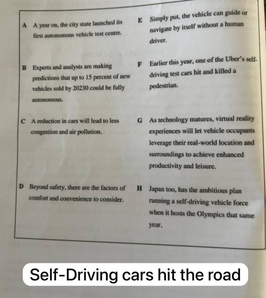 A A year on, the city state launched its E Simply put, the vehicle can guide or
first autonomous vehicle test centre. navigate by itself without a human
driver.
B Experts and analysts are making F Earlier this year, one of the Uber's self.
predictions that up to 15 percent of new driving test cars hit and killed a
vehicles sold by 20230 could be fully pedestrian.
autonomous.
C A reduction in cars will lead to less G As technology matures, virtual reality
congestion and air pollution. experiences will let vehicle occupants
leverage their real-world location and
surroundings to achieve enhanced
productivity and leisure.
D Beyond safety, there are the factors of H Japan too, has the ambitious plan
comfort and convenience to consider. running a self-driving vehicle force
when it hosts the Olympics that same
year.
Self-Driving cars hit the road