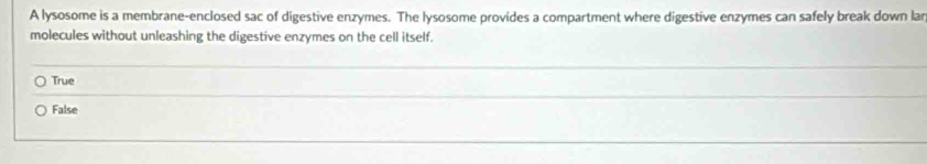 A lysosome is a membrane-enclosed sac of digestive enzymes. The lysosome provides a compartment where digestive enzymes can safely break down lar
molecules without unleashing the digestive enzymes on the cell itself.
True
False