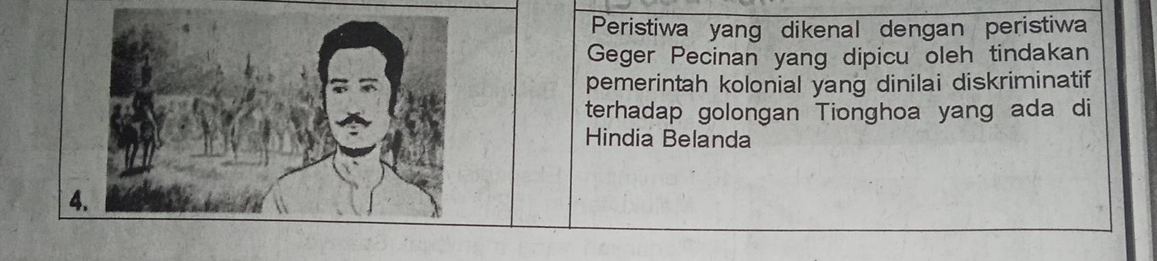 Peristiwa yang dikenal dengan peristiwa 
Geger Pecinan yang dipicu oleh tindakan 
pemerintah kolonial yang dinilai diskriminatif 
terhadap golongan Tionghoa yang ada di 
Hindia Belanda