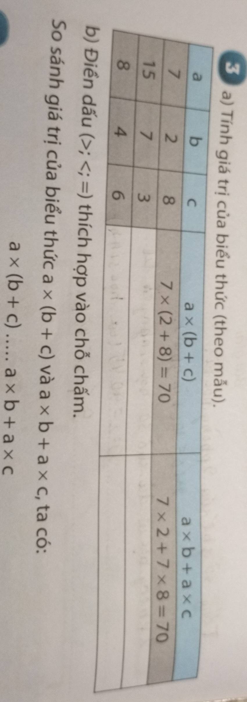 Tính giá trị của biểu thức (theo mẫu).
(>; a* (b+c) và a* b+a* c , ta có:
a* (b+c) _ a* b+a* c