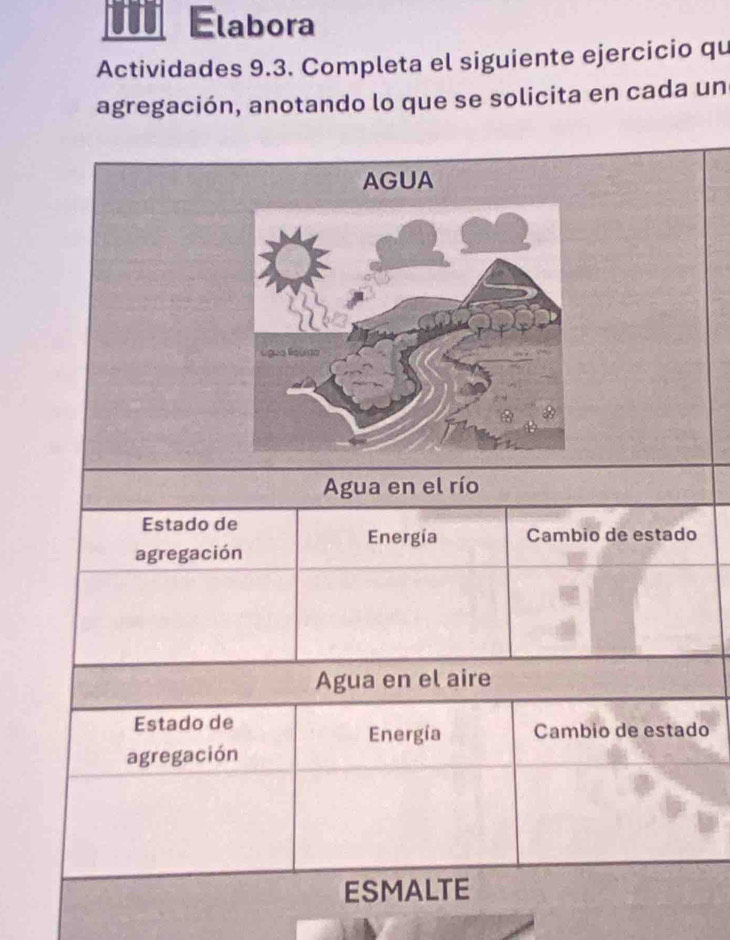 Elabora 
Actividades 9.3. Completa el siguiente ejercicio qu 
agregación, anotando lo que se solicita en cada un 
AGUA 
Agua en el río 
Estado de 
Energía Cambio de estado 
agregación 
Agua en el aire 
Estado de 
Energía Cambio de estado 
agregación 
ESMALTE