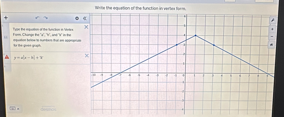 Write the equation of the function in vertex form. 
+ 
Type the equation of the function in Vertex 
“ Form. Change the '' a '', '' h ', and '' k '' in the 
equation below to numbers that are appropriat 
for the given graph.
y=a|x-h|+'k
^ desmos