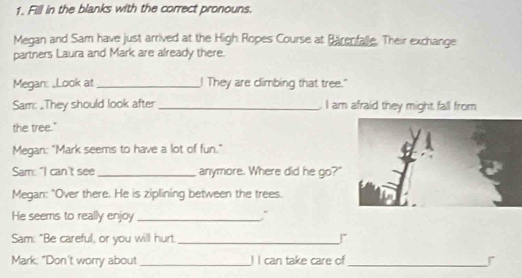 Fill in the blanks with the correct pronouns. 
Megan and Sam have just arrived at the High Ropes Course at Barenfalle. Their exchange 
partners Laura and Mark are already there. 
Megan: _Look at _! They are climbing that tree." 
Sam: .They should look after _, I am afraid they might fall from 
the tree." 
Megan: "Mark seems to have a lot of fun." 
Sam: "I can't see _anymore. Where did he go?" 
Megan: "Over there. He is ziplining between the trees. 
He seems to really enjoy _; 
Sam: "Be careful, or you will hurt._ 
Mark: "Don't worry about _I I can take care of_ r