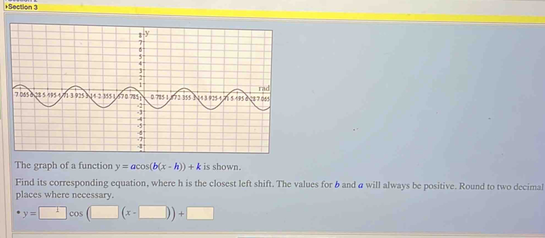 >Section 3
The graph of a function y=acos (b(x-h))+k is shown.
Find its corresponding equation, where h is the closest left shift. The values for b and a will always be positive. Round to two decimal
places where necessary.
y=□ cos (□ (x-□ ))+□