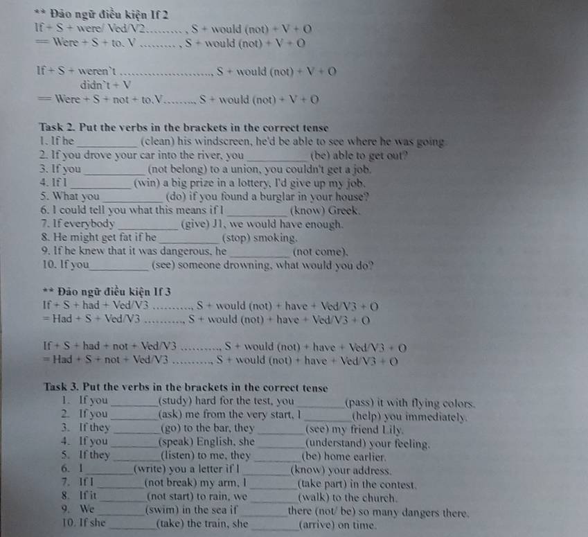 Đảo ngữ điều kiện If 2
If+S+were/VedV2...,S+would(not)+V+O
=Were+S+to.V...,S+would(not)+V+O
_ If+S+weren't
S+would(not)+V+O
didn't+V
=Were+S+not+to.V _ S+would(not)+V+O
Task 2. Put the verbs in the brackets in the correct tense
1. If he_ (clean) his windscreen, he'd be able to see where he was going
2. If you drove your car into the river, you _(be) able to get out?
3. If you_ (not belong) to a union, you couldn't get a job
4. If l _(win) a big prize in a lottery, I'd give up my job.
5. What you _(do) if you found a burglar in your house?
6. I could tell you what this means if I _(know) Greek.
7. If everybody_ (give) J1, we would have enough.
8. He might get fat if he_ (stop) smoking.
9. If he knew that it was dangerous. he _(not come).
10. If you_ (see) someone drowning, what would you do?
** Đảo ngữ điều kiện If 3
If+S+had+Ved/V., S + would (not)+have+Ved/V3+O
=Had+S+Ved/V ` ……_ S + would (not)+have+Ved/V3+O
If+S+had+not+Ved/V3 _ S+would(not)+have+Ved/V3+O
=Had+S+not+Ved/V3 _ S+would(not)+have+VedV3+O
Task 3. Put the verbs in the brackets in the correct tense
1. If you_ (study) hard for the test, you_ (pass) it with flying colors.
2. If you_ (ask) me from the very start, I _(help) you immediately.
3. If they _(go) to the bar, they _(see) my friend Lily.
4. If you _(speak) English, she_ understand) your feeling.
5. If they _(listen) to me, they _(be) home earlier.
6. 1_ (write) you a letter if l_ (know) your address.
7. If I _(not break) my arm, I _(take part) in the contest.
8. If it _(not start) to rain, we _(walk) to the church.
9. We _(swim) in the sea if_ there (not/ be) so many dangers there.
10. If she _(take) the train, she _(arrive) on time.