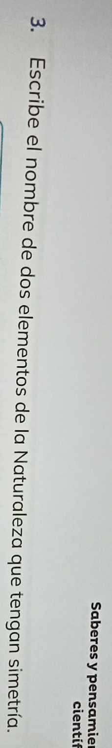 Saberes y pensamier 
cientif 
3. Escribe el nombre de dos elementos de la Naturaleza que tengan simetría.