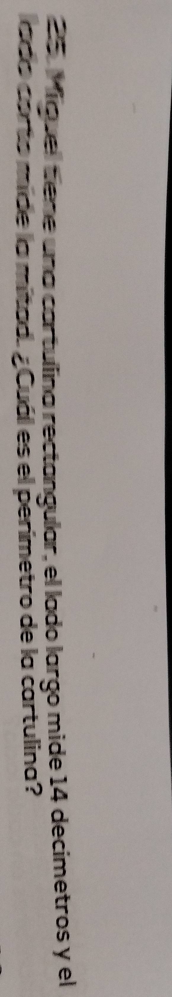 Miquel tene una cartullina rectangular, el lado largo mide 14 decimetros y el 
íado carto mide la mitad. ¿Cuál es el perimetro de la cartulina?