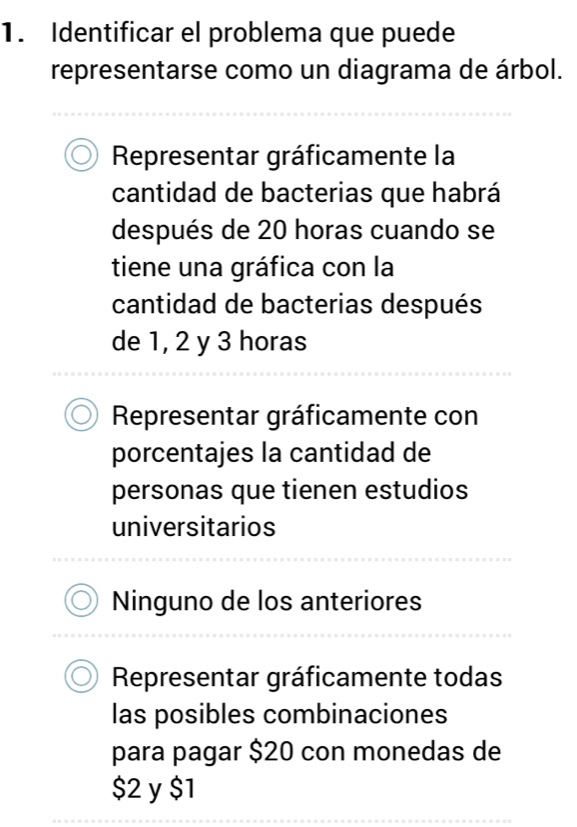 Identificar el problema que puede
representarse como un diagrama de árbol.
Representar gráficamente la
cantidad de bacterias que habrá
después de 20 horas cuando se
tiene una gráfica con la
cantidad de bacterias después
de 1, 2 y 3 horas
Representar gráficamente con
porcentajes la cantidad de
personas que tienen estudios
universitarios
Ninguno de los anteriores
Representar gráficamente todas
las posibles combinaciones
para pagar $20 con monedas de
$2 y $1