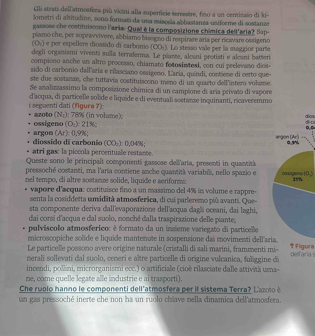 Gli strati dell’atmosfera più vicini alla superficie terrestre, fino a un centinaio di ki-
lometri di altitudine, sono formati da una miscela abbastanza uniforme di sostanze
gassose che costituiscono l'aria. Qual è la composizione chimica dell'aria? Sap-
piamo che, per sopravvivere, abbiamo bisogno di respirare aria per ricavare ossigeno
(O_2) e per espellere diossido di carbonio (CO_2). Lo stesso vale per la maggior parte
degli organismi viventi sulla terraferma. Le piante, alcuni protisti e alcuni batteri
compiono anche un altro processo, chiamato fotosintesi, con cui prelevano dios-
sido di carbonio dall’aria e rilasciano ossigeno. L’aria, quindi, contiene di certo que-
ste due sostanze, che tuttavia costituiscono meno di un quarto dell’intero volume.
Se analizzassimo la composizione chimica di un campione di aria privato di vapore
d’acqua, di particelle solide e liquide e di eventuali sostanze inquinanti, ricaveremmo
i seguenti dati (figura 7):
azoto (N₂): 78% (in volume); dios
ossigeno (O_2) : 21%; di ca
0,0
argon (Ar): 0,9%; argon (A r)
diossido di carbonio (CO_2) : ( 0,04% 0,9%
atri gas: la piccola percentuale restante.
Queste sono le principali componenti gassose dell’aria, presenti in quantità
pressoché costanti, ma l’aria contiene anche quantità variabili, nello spazio e ossigeno (O_2)
nel tempo, di altre sostanze solide, liquide e aeriformi: 21%
D vapore d’acqua: costituisce fino a un massimo del 4% in volume e rappre-
senta la cosiddetta umidità atmosferica, di cui parleremo più avanti. Que-
sta componente deriva dall’evaporazione dell’acqua dagli oceani, dai laghi,
dai corsi d’acqua e dal suolo, nonché dalla traspirazione delle piante;
pulviscolo atmosferico: è formato da un insieme variegato di particelle
microscopiche solide e liquide mantenute in sospensione dai movimenti dell’aria. ↑Figura
Le particelle possono avere origine naturale (cristalli di sali marini, frammenti mi- dell'aria s
nerali sollevati dal suolo, ceneri e altre particelle di origine vulcanica, fuliggine di
incendi, pollini, microrganismi ecc.) o artificiale (cioè rilasciate dalle attività uma-
ne, come quelle legate alle industrie e ai trasporti).
Che ruolo hanno le componenti dell’atmosfera per il sistema Terra? L'azoto è
un gas pressoché inerte che non ha un ruolo chiave nella dinamica dell’atmosfera.