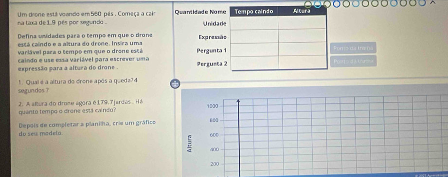 Um drone está voando em 560 pés . Começa a cair Quantidade Nome Tempo caindo Altura 
na taxa de1. 9 pés por segundo . Unidade 
Defina unidades para o tempo em que o drone Expressão 
está caindo e a altura do drone. Insira uma 
variável para o tempo em que o drone está Pergunta 1 Ponto da trama 
caindo e use essa variável para escrever uma 
expressão para a altura do drone . Pergunta 2 Ponto á tra 
1. Qual é a altura do drone após a queda? 4 4
segundos ? 
2. A altura do drone agora é179.7 jardas . Há 
quanto tempo o drone está caindo? 1000
Depois de completar a planilha, crie um gráfico 800
do seu modelo. 600
400
200