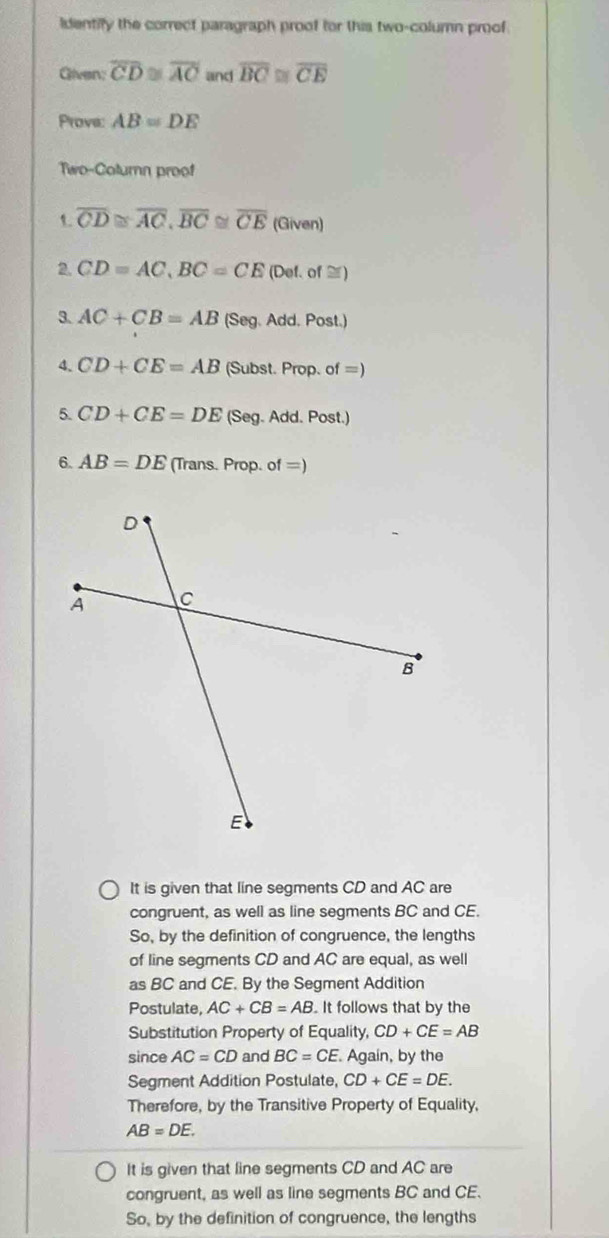 Solved: Identify the correct paragraph proof for this two-column proof ...