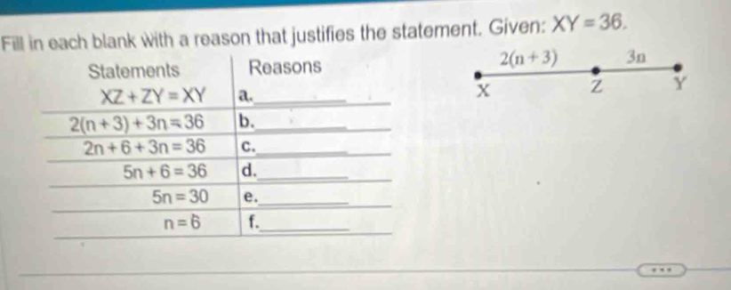 Fill in each blank with a reason that justifies the statement. Given: XY=36.
2(n+3)
3n
X
Z Y