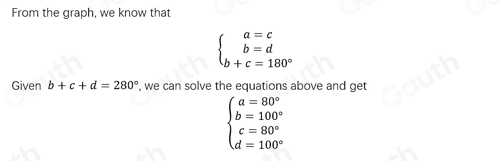Solved: Two straight lines cross at a point. b+c+d=280° Work out the ...
