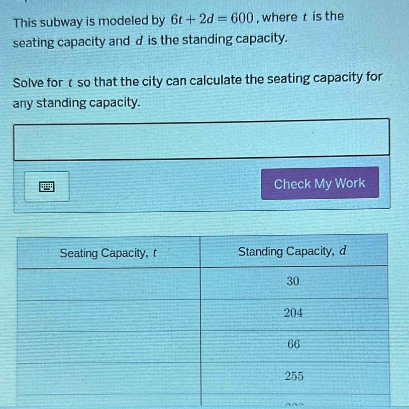 Solved: This subway is modeled by 6t+2d=600 , where t is the seating ...