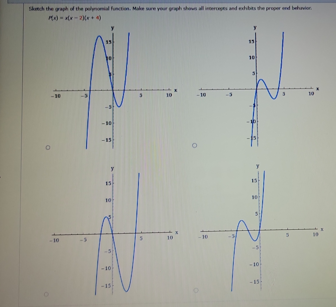 Sketch the graph of the polynomial function. Make sure your graph shows all intercepts and exhibits the proper end behavior.
P(x)=x(x-2)(x+4)