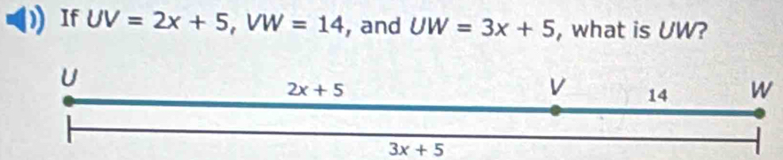 If UV=2x+5,VW=14 , and UW=3x+5 , what is UW?
W