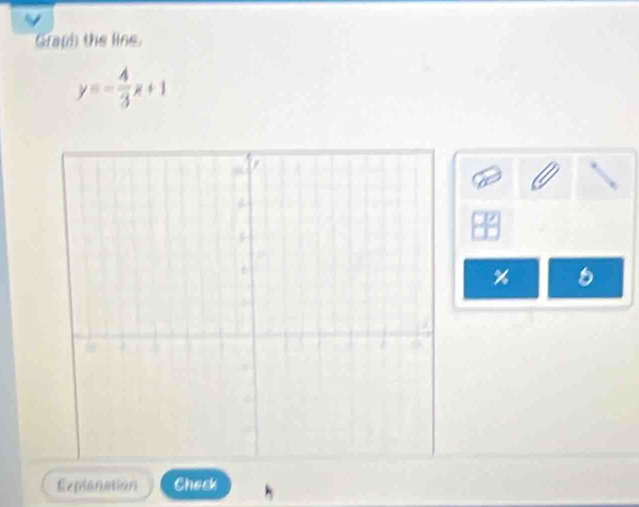 Graph the line.
y=- 4/3 x+1
% 
Explanation Check