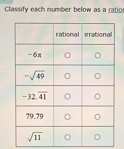 Classify each number below as a ratior