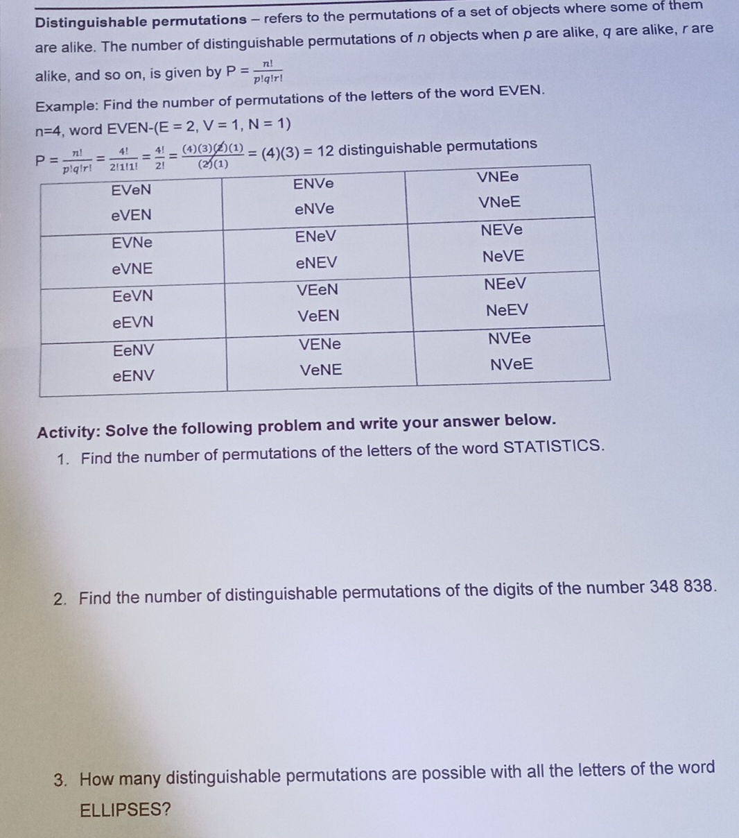 Distinguishable permutations - refers to the permutations of a set of objects where some of them 
are alike. The number of distinguishable permutations of n objects when p are alike, q are alike, r are 
alike, and so on, is given by P= n!/p!q!r! 
Example: Find the number of permutations of the letters of the word EVEN.
n=4 , word EVEN-(E=2, V=1, N=1)
P= n!/p!q!r! = 4!/2!1!1! = 4!/2! = (4)(3)(2)(1)/(2)(1) =(4)(3)=12 distinguishable permutations 
Activity: Solve the following problem and write your answer below. 
1. Find the number of permutations of the letters of the word STATISTICS. 
2. Find the number of distinguishable permutations of the digits of the number 348 838. 
3. How many distinguishable permutations are possible with all the letters of the word 
ELLIPSES?