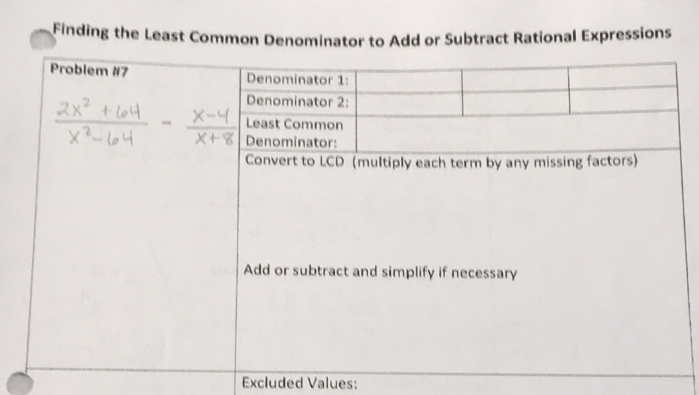 Finding the Least Common Denominator to Add or Subtract Rational Expressions 
Excluded Values: