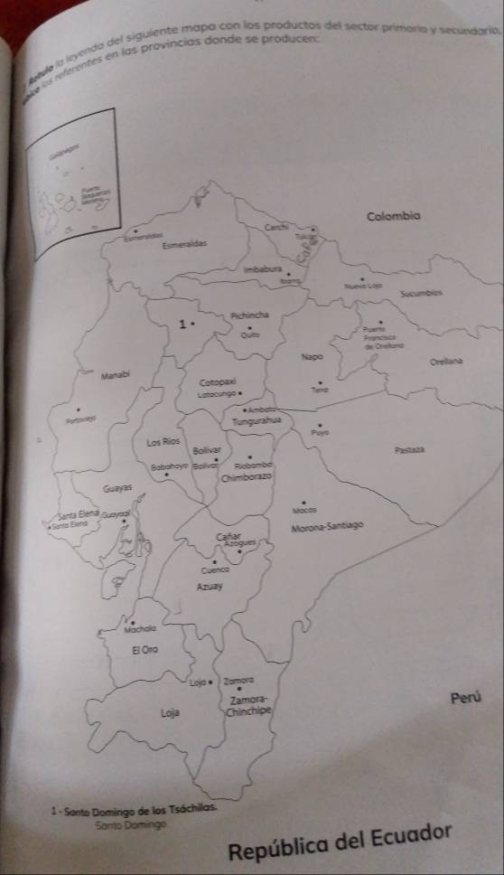 Nvle la leyenda del siguiente mapa con los productos del sector primaría y secundaría, 
ake incias donde se producen 
a 
erú 
República del Ecuador