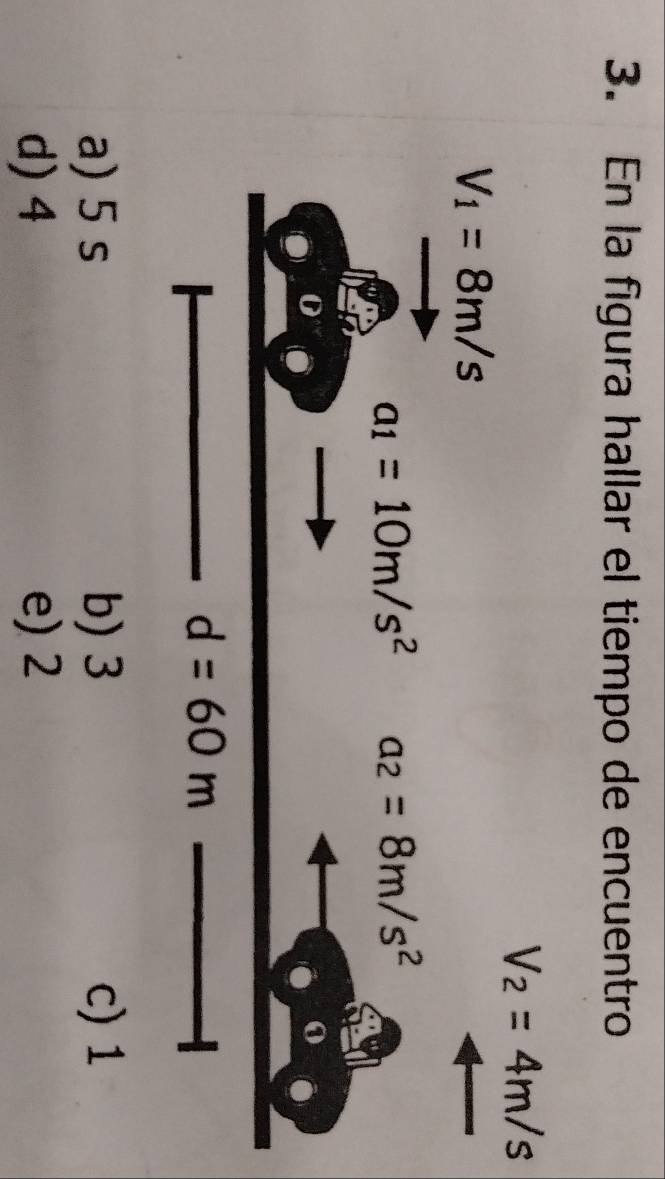 En la figura hallar el tiempo de encuentro
V_2=4m/s
V_1=8m/s
a_1=10m/s^2 a_2=8m/s^2
d=60m
a) 5 s b) 3 c) 1
d) 4 e) 2