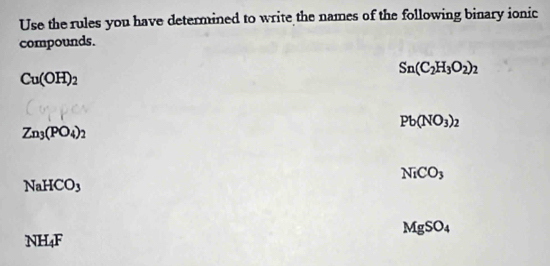 Use the rules you have determined to write the names of the following binary ionic 
compounds.
Cu(OH)_2
Sn(C_2H_3O_2)_2
Pb(NO_3)_2
Zn_3(PO_4)_2
NiCO_3
NaHCO_3
MgSO_4
N H_4F