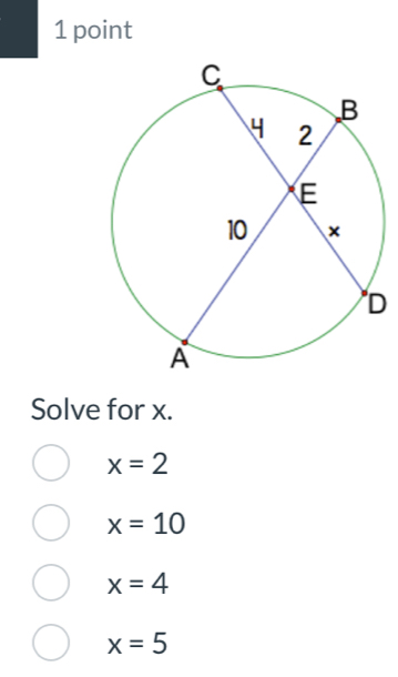 Solve for x.
x=2
x=10
x=4
x=5