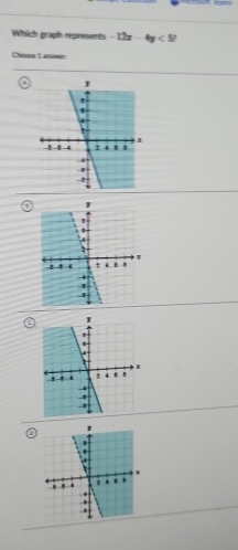 Which graph represents -12x-4y<52</tex> 
Chrose 1 anower