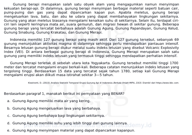 Gunung berapi merupakan salah satu obyek alam yang mengagumkan namun menyimpan
kekuatan berapi-api. Di dalamnya, gunung berapi menyimpan berbagai material seperti batuan cair,
puing-puing dan gas yang dapat dipancarkan kapan pun. Apabila meletus, gunung berapi
mengeluarkan lava, batu, dan abu ke udara yang dapat membahayakan lingkungan sekitarnya.
Gunung yang akan meletus biasanya mengalami kenaikan suhu di sekitarnya. Selain itu, terdapat ciri-
ciri lain seperti keringnya mata air, suara gemuruh, dan migrasi hewan di sekitar gunung. Beberapa
gunung berapi yang tercatat berbahaya adalah Gunung Agung, Gunung Papandayan, Gunung Kelud,
Gunung Sinabung, Gunung Krakatau, dan Gunung Merapi.
Indonesia memiliki 127 gunung berapi yang masih aktif. Dari 127 gunung tersebut, sebanyak 69
gunung menunjukkan aktivitas magma di dalamnya sehingga perlu mendapatkan pantauan intensif.
Besarnya letusan gunung berapi diukur melalui suatu indeks letusan yang disebut Volcanic Explosivity
Index (VEI). Di antara berbagai gunung berapi di Indonesia, Gunung Merapi merupakan salah satu
gunung yang memiliki indeks letusan yang termasuk tinggi sehingga mendapatkan perhatian intensif.
Gunung Merapi terletak di sebelah utara kota Yogyakarta. Gunung tersebut memiliki tinggi 1700
meter dan tercatat mengalami erupsi berkali-kali. Beberapa catatan menunjukkan indeks letusan yang
tergolong tinggi. Berdasarkan 15 data yang tercatat sejak tahun 1780, setiap kali Gunung Merapi
mengalami erupsi akan diikuti masa istirahat sekitar 3—5 tahun.
Kiswiranti, D. (2015). Anallisis Statistik Temporal Erupsi Gunung Api di Indonesia.Berkala Imiah MIPA, 23(3). Diambil dari https://www.bbc.com.
Berdasarkan paragraf 1, manakah berikut ini pernyataan yang BENAR?
a. Gunung Agung memiliki mata air yang kering.
b. Gunung Agung mengeluarkan lava yang berbahaya.
c. Gunung Agung berbahaya baqi linqkungan sekitarnya.
d. Gunung Agung memiliki suhu yang lebih tinggi dari gunung lainnya.
a
e. Gunung Agung menyimpan material yang dapat dipancarkan kapanpun.