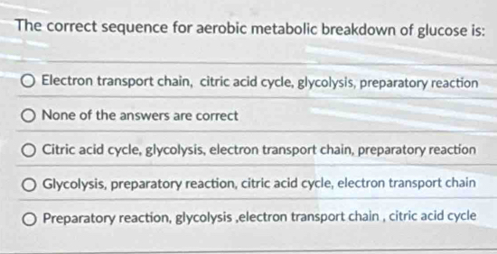 The correct sequence for aerobic metabolic breakdown of glucose is:
Electron transport chain, citric acid cycle, glycolysis, preparatory reaction
None of the answers are correct
Citric acid cycle, glycolysis, electron transport chain, preparatory reaction
Glycolysis, preparatory reaction, citric acid cycle, electron transport chain
Preparatory reaction, glycolysis ,electron transport chain , citric acid cycle