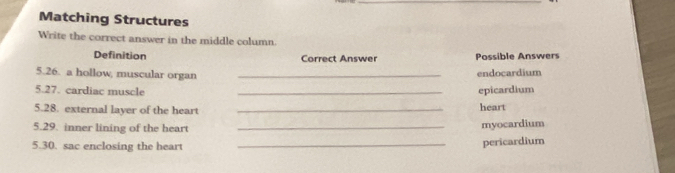 Matching Structures 
Write the correct answer in the middle column. 
Definition Correct Answer Possible Answers 
5.26. a hollow, muscular organ _endocardium 
5.27. cardiac muscle _epicardium 
5.28. external layer of the heart _heart 
5.29. inner lining of the heart_ 
myocardium 
5.30. sac enclosing the heart _pericardium