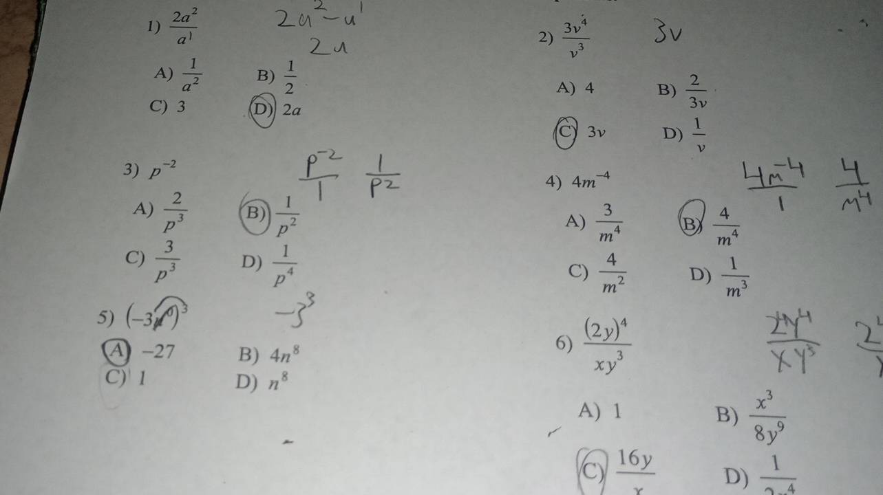  2a^2/a^1 
2)  3v^4/v^3 
A)  1/a^2  B)  1/2 
A) 4 B)  2/3v 
C) 3 D) 2a
C 3v D)  1/v 
3) p^(-2)
4) 4m^(-4)
A)  2/p^3  B)  1/p^2 
A)  3/m^4  B  4/m^4 
C)  3/p^3  D)  1/p^4 
C)  4/m^2  D)  1/m^3 
5) (-3,0)^3
A −27 B) 4n^8
6) frac (2y)^4xy^3
C) 1 D) n^8
A) 1 B)  x^3/8y^9 
C)  16y/x  D)  1/2-4 