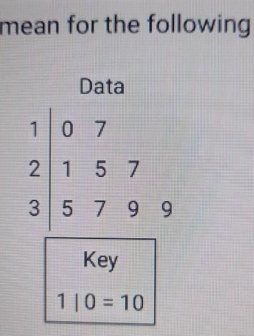 mean for the following
Data
Key
1|0=10